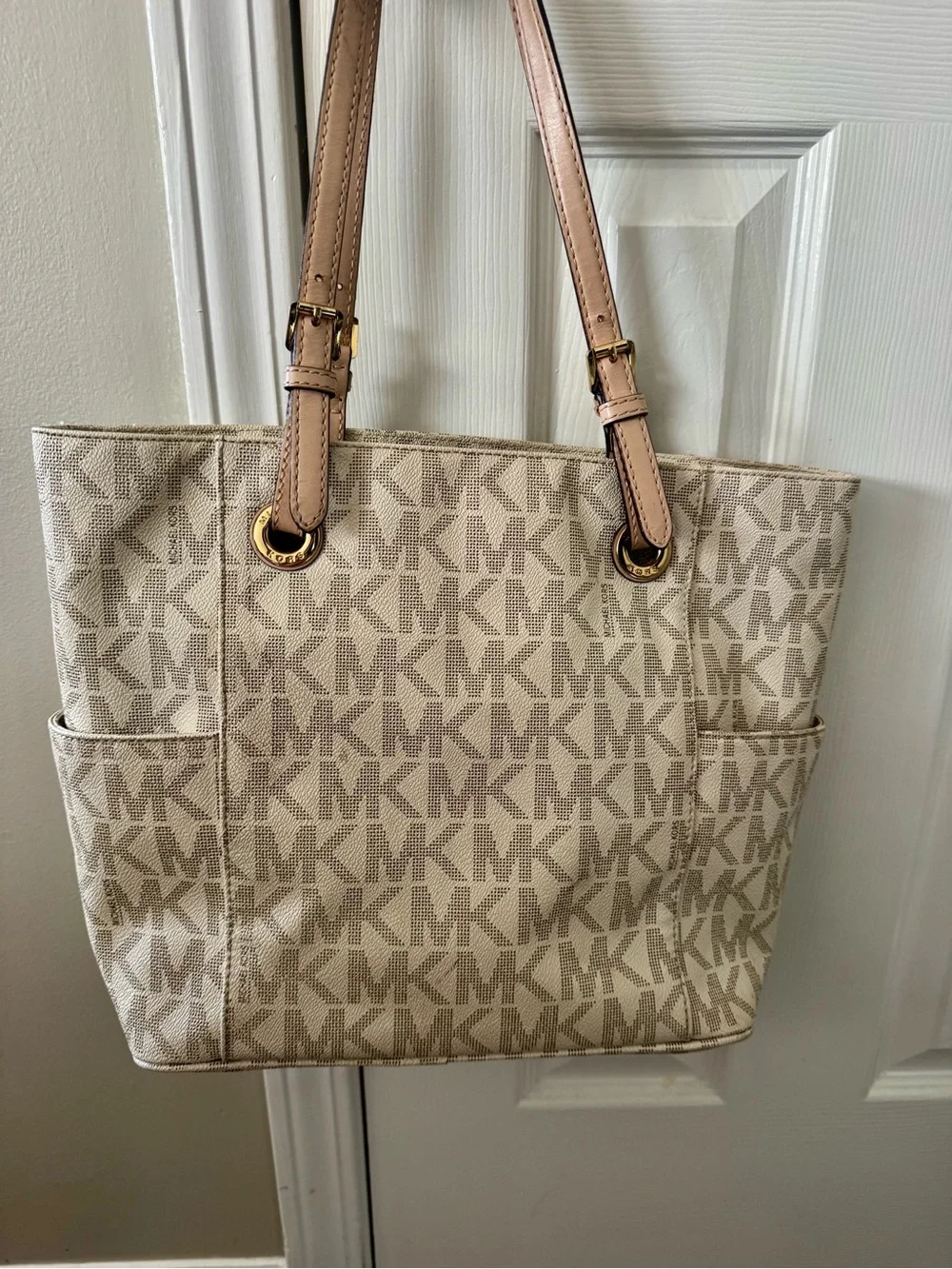 Michael Kors Beige MK Signature Tote with Pink-Tan Straps
